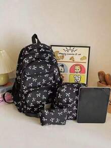 Set de 3 mochilas con estampado de lazo de nailon, mochila plegable de gran capacidad con múltiples bolsillos y cremallera impermeable, adecuada para adolescentes, estudiantes de secundaria y universidad, mujeres para uso diario, ir y venir, viajes, regalo del Día de San Valentín, mochila con lazo linda, esencial para volver a la escuela, mochila universitaria, imprescindible para la universidad - Negro - Ver 5