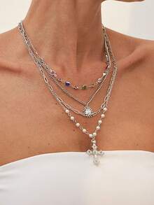 4pcs/Set 14k Gold Plated Multi-Layer Beaded Cross & Virgin Mary Necklace, Suitable For Vacation, Prayer, Baptism Wear - 4-piece Set Style 5 - View 9