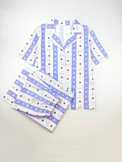 2pcs Floral, Heart & Striped Print Pajama Set, Button Front, Elegant & Romantic Young Casual Ladies Sleepwear