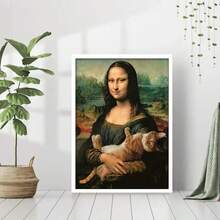 [High-Definition Mona Lisa Canvas Art] Fashion-Themed Mona Lisa With Cat Canvas Wall Art, Modern Home Decor, High-Definition Print, With Wrapped Canvas Frame, Pine Wood For Office, Living Room, Bedroom, Bathroom, Cafe - Multicolor - View 2