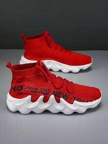 Men's Ultra-Light Flame Patterned Thick Sole Sneakers, Casual Outdoor Sports Shoes, Personalized All Season - White and Red - View 5