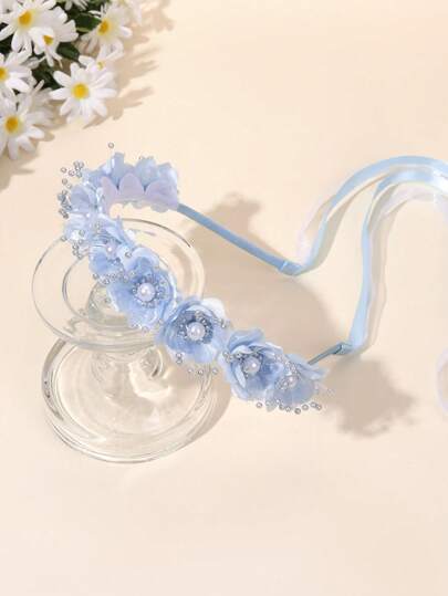 1 pezzo Fascia per capelli con fiori blu, elegante fascia per capelli con perle finte e nastro lungo, copricapo floreale, adatto per vacanze/primavera, accessorio per capelli per matrimoni e fidanzamenti, adatto per adolescenti