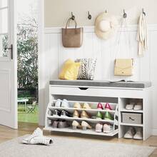 VOWNER Shoe Cabinet With 3 Compartments, Shoe Bench, Shoe Bench With Seat Cushion, 100 X 30 X 55 Cm - 白色 - 查看 1