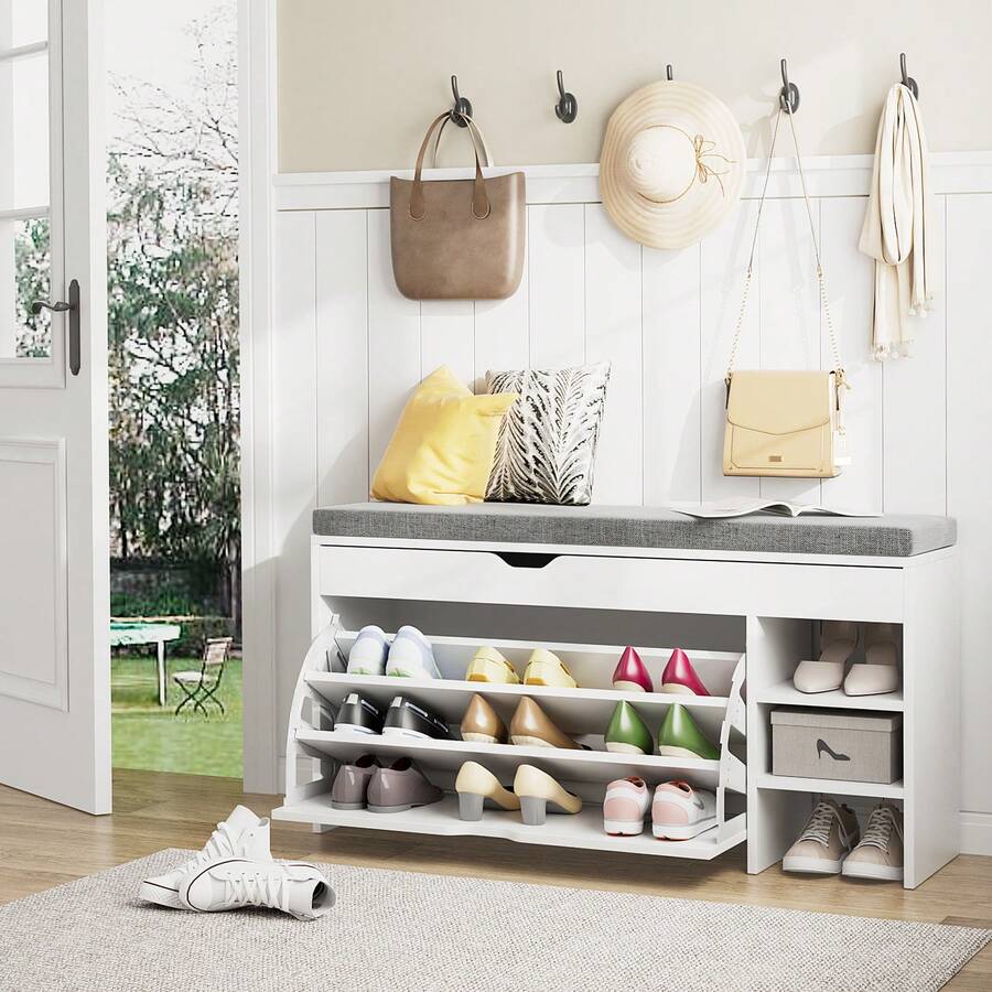 VOWNER Shoe Cabinet With 3 Compartments, Shoe Bench, Shoe Bench With Seat Cushion, 100 X 30 X 55 Cm - 白色 - 查看 1