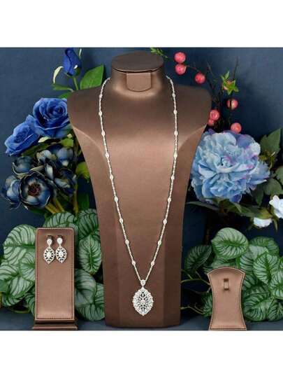 1 Conjunto Elegante de Joias com Decoração de Folha de Zircônia Cúbica, Adequado para Uso em Cerimônias de Noivado Femininas