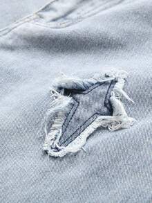 男士复古水洗牛仔短裤，闪电印花百慕大短裤，休闲破洞设计 - 淺藍色 - 查看 4