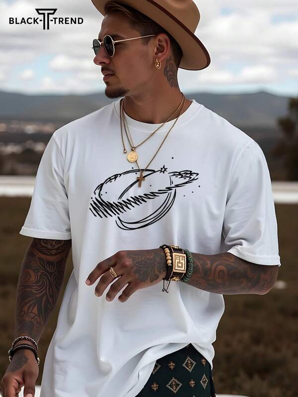Men's Summer Geometric Stripes Round Neck Casual Short Sleeve Loose T-Shirt, Paired With Casual Pants, Suitable For Travel/Vacation/Outdoor Camping/Sports