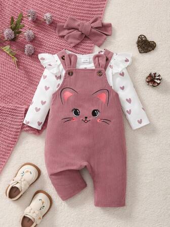 Infant Girls' Round Neck Ruffle Trim Ditsy Floral Long Sleeve Romper + Adorable Cat Ear Embroidery Bib Overalls + Headband Set