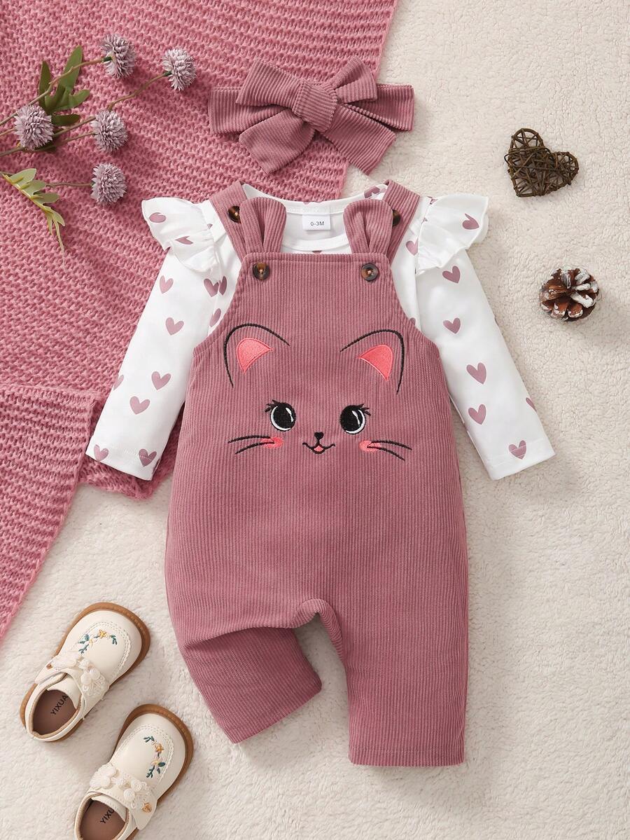 Set Baju Terusan Bayi Perempuan Leher Bulat Motif Bunga Kecil Lengan Panjang + Baju Terusan Celemek Bordir Telinga Kucing yang Menggemaskan + Bando - MultiWarna - View 1
