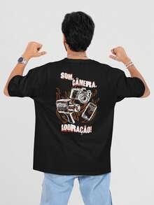 Camiseta Streetwear Masculina Preta Equipe de Mídias Modelo: Som Câmera e Adoração – Estilo e Fé com Propósito - Preto - Visão 1