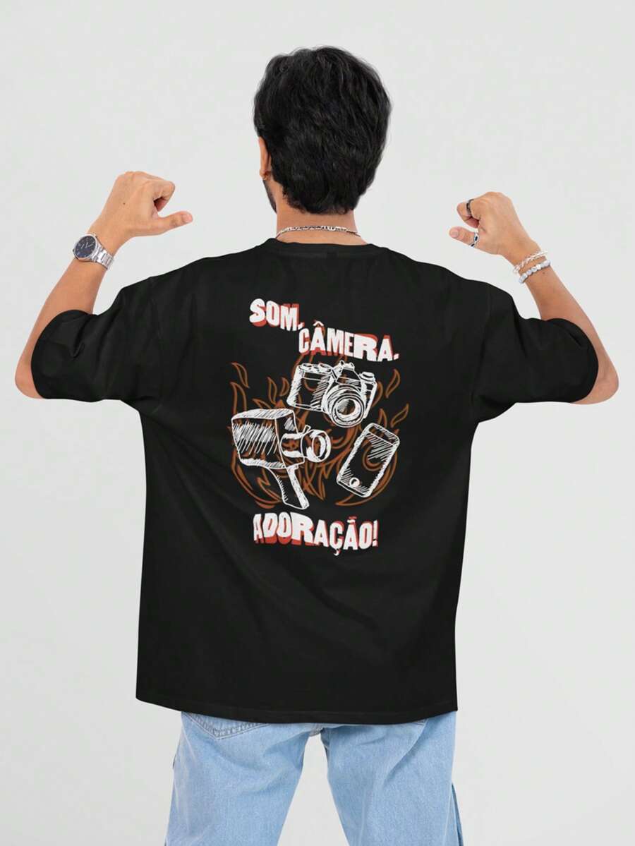 Camiseta Streetwear Masculina Preta Equipe de Mídias Modelo: Som Câmera e Adoração – Estilo e Fé com Propósito - Preto - Visão 1