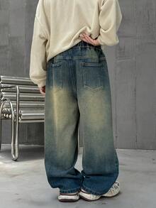 男童宽松直筒休闲牛仔裤，适合日常、上学、休闲和户外穿着，秋季