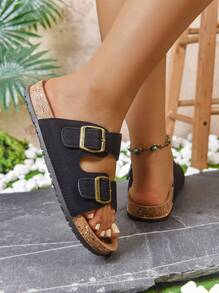 1 Pair Women's Solid Color Bohemian Party Punk Fabric Buckle Strap Sandals, Beach And Outdoor Casual Wear For Summer