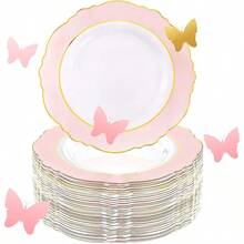 60pcs Pink Plastic Plates - 10.25inch Baroque Pink And Gold Disposable Dinner Plates For Upscale Parties -Special For Wedding, Party,Birthdays, Baby Shower - 粉色 - 查看 1