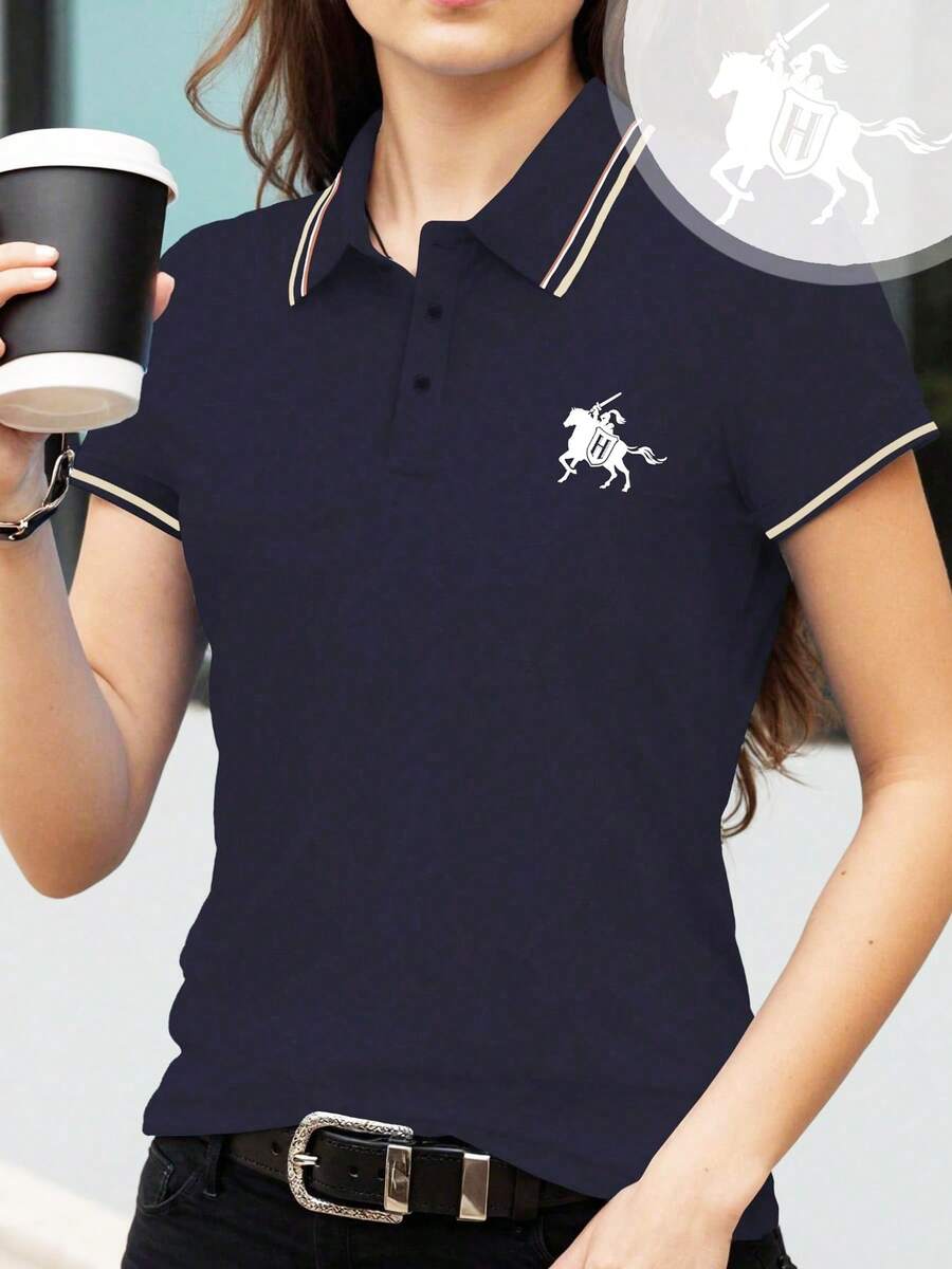 Women's Polo Shirt With Small Horse Emblem Design, Creative Short Sleeve Tee For Summer - Navy Blue - View 1