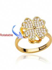 1pc Stainless Steel Zirconia Heart-Shaped Four-Leaf Clover Rotating Open Ring, Luxurious And Elegant, Suitable For Women's Daily Wear, Christmas Holiday Gift - Multicolor - View 5