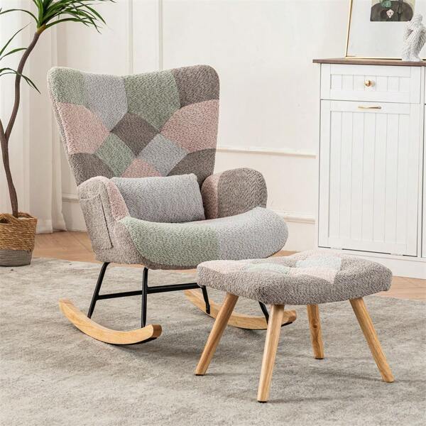 Sairedel Bequemer bunter Schaukelstuhl, 93 cm hoch, Sitzbreite 43 cm – inklusive 1 Fußstütze (49*38*37 cm) und 1 Lendenkissen, stabiles Gestell aus Gummibaumholz, mehrfarbiges Design, Loungesessel