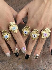 1 pieza Anillo de joyería con forma de corazón chapado en oro con circonita brillante, ojo de la suerte abierto, adecuado para uso diario y fiestas de mujeres