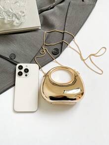Stylish Metal Color Fashion Round Evening Bag With Circular Ring Moon Design, Multipurpose Shoulder/Crossbody/Handheld Mini Clutch Purse For Women , Wedding, Party Bags - Gold - View 7