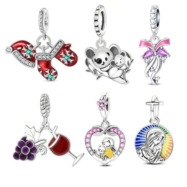 1 Pc 925 Silver Plated Koala Mother And Child Wine Cup Christmas Stocking Pendant Charm Fit Original Women's Bracelet DIY Jewelry Valentine's Day Gift