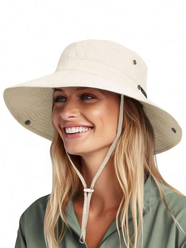 1pcWide Brim Sun Hat With Windproof Strap, Breathable UV - Blocking Bucket Hat For Men & Women, Lightweight Outdoor Cap Ideal For Beach, Hiking, Fishing, Foldable Summer Sun Protection Headwear