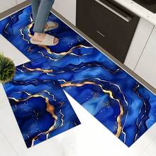 1 Stück goldene Samt Blau Abstrakte Kunst Flur Matte, Luxuriöser dekorativer Wohnzimmer Teppich, Weiche bequeme Lässig Laufmatte rutschfest waschbar Küchenboden Matten, Rutschfest Diatomit Küchenteppich, Küchenmatten - Verschiedenfarbig - Übersicht 2