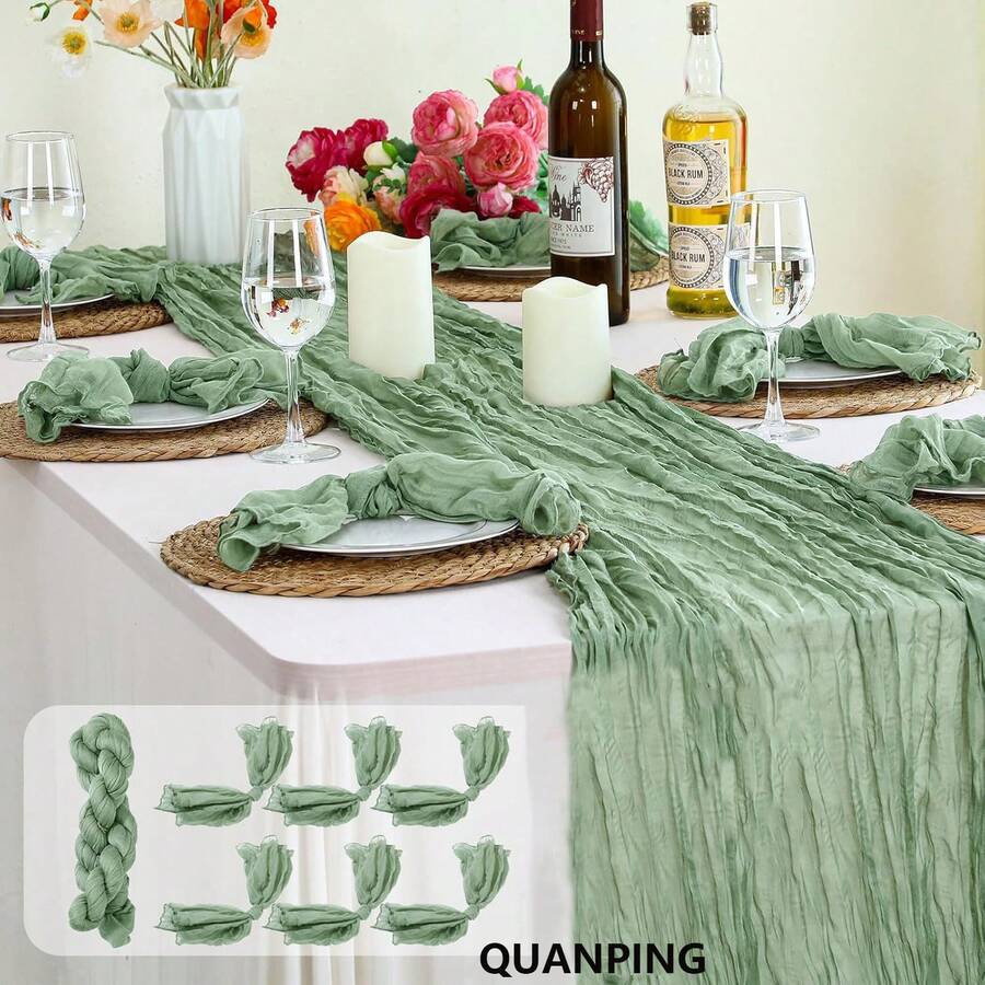 1 Set Taplak Meja Motif Keju dan 6 Serbet, Dekorasi Meja Makan Tekstur Kerut Bohemian Cocok untuk Pernikahan, Pesta Ulang Tahun, Perjamuan, Rumah, Piknik Luar Ruangan, Taman, Prasmanan - Hijau Sage