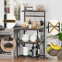 Kitchen Bakers Rack With Power Outlet Coffee Bar Station With Storage 4 Tiers Microwave Oven Stand With 6 S Hooks Kitchen Storage Shelves Rack For Spices Pots Black Oak - BlackOak - View 5