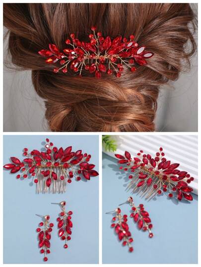 3 قطع / مجموعة من المشط المرصع بالراين وطقم الأقراط وطوق الأذن للمرأة، كتاج عروس أنيق للاحتفال بعيد الميلاد المجيد والطراز البوهيمي الجميل