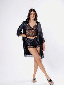 5 paquetes Classic Sexy Set de Navidad Un buen regalo de lencería con encaje floral con bata con cinturón de satén Vestido de camisola de lencería sensual con encaje y malla empalmado(El producto tiene alta demanda y escasea; los colores se enviarán al azar. Si esto le preocupa, no lo compre.) - Negro - Ver 6