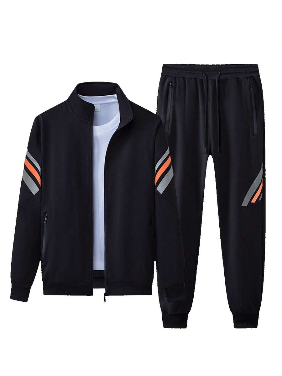 Spring And Autumn Style Men's Spliced Zipper Cardigan Sports Suit; - Black - View 1