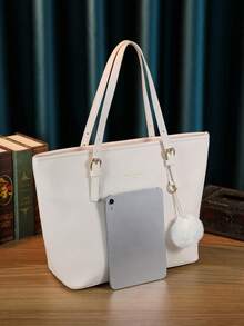 Versatile Solid Color Simple Large Capacity Handheld Tote Bag - Beige - View 4