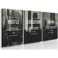 GUBIYU Black Hustle Grind Execution Wall Art Set Of 3 Framed Canvas Office Inspirational Motiviational Wall Decor Art Positive Quotes Posters Living Room Pictures Walls Decor Mens Guys 12x16 - 黑白灰喧囂藝術 - 查看 1