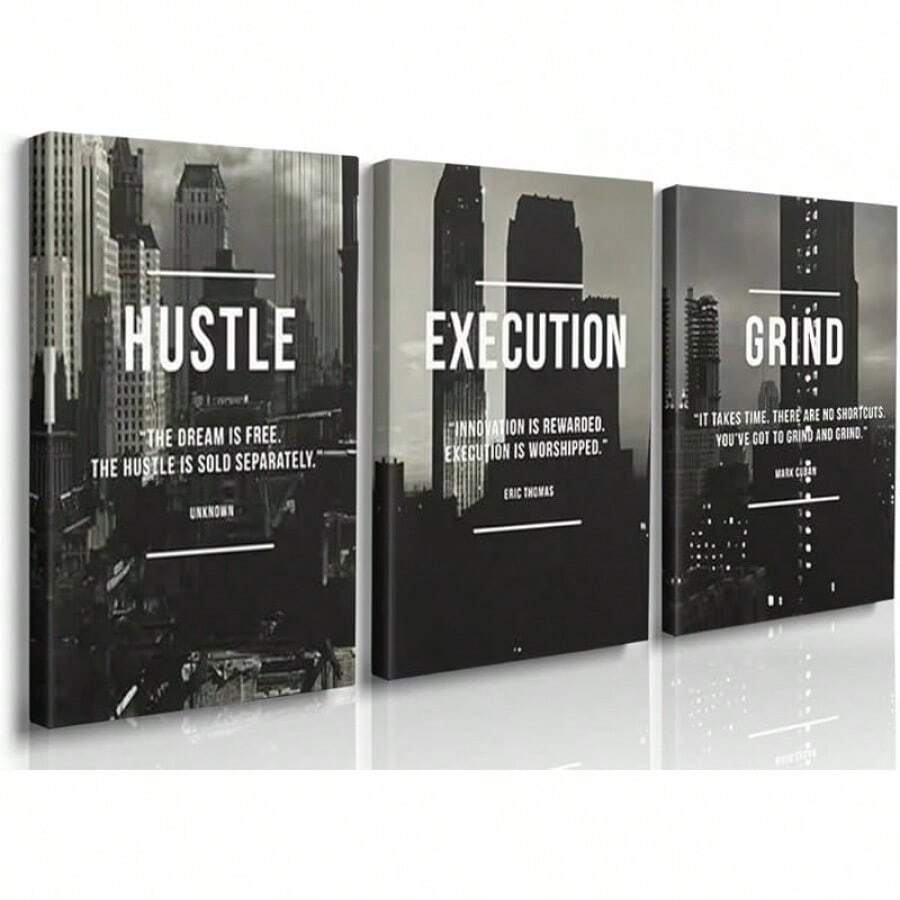 GUBIYU Black Hustle Grind Execution Wall Art Set Of 3 Framed Canvas Office Inspirational Motiviational Wall Decor Art Positive Quotes Posters Living Room Pictures Walls Decor Mens Guys 12x16 - 黑白灰喧囂藝術 - 查看 1