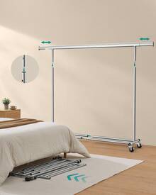 SONGMICS Portant à Vêtements avec Roulettes, Tringle Extensible pour Charge Lourde, Porte-manteau, Capacité de Charge 150 kg, 45 x (160-200) x 161,5 cm, Montage Facile, Argent/Noir - 45 x (160-200) x 161,5 cm (P x L x H) - Voir 5
