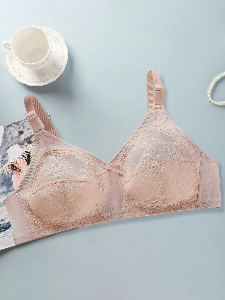 1pc Women Full Coverage Lace Unlined Wireless Bra, Solid Color Sexy Lift And Support Breathable Thin-Style Bra