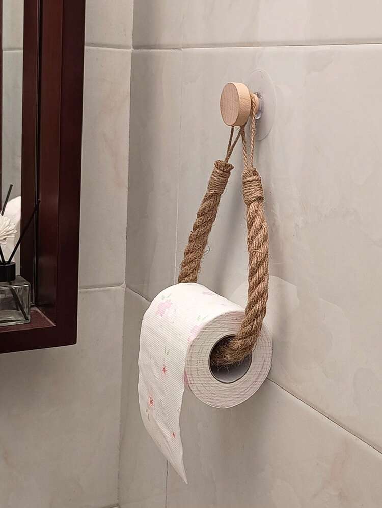 1pc Self-Adhesive No-Drill Toilet Paper Holder, With Wooden Hook & Natural Linen Rope, Rustic Modern Style Bathroom Organizer, Home Decor Wall Mount - Multicolor - View 4