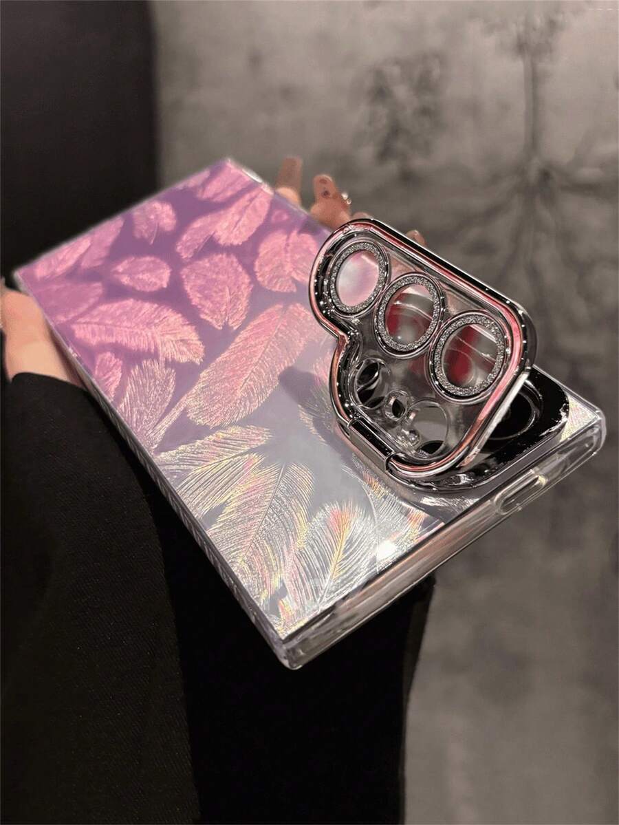 时尚羽毛图案渐变色手机壳适用于三星 Galaxy S25 S24 Ultra Plus S23Ultra S25Ultra 奢华闪亮相机镜头支架保护硬后盖防水防震防摔防刮