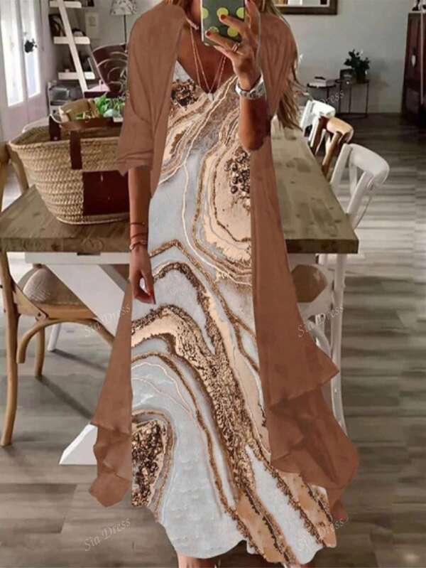 Plus Size Elegant Floral Print V-Neck Long Camisole Dress & Chiffon Cardigan 2-Piece Set, Spring/Autumn