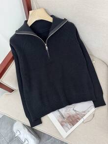 条纹印花半拉链休闲长袖针织毛衣 - 碳黑色 - 查看 4