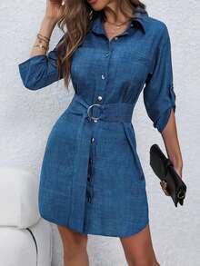 Women's Solid Color Button Front Belted Pocket Shirt - Blue - View 2