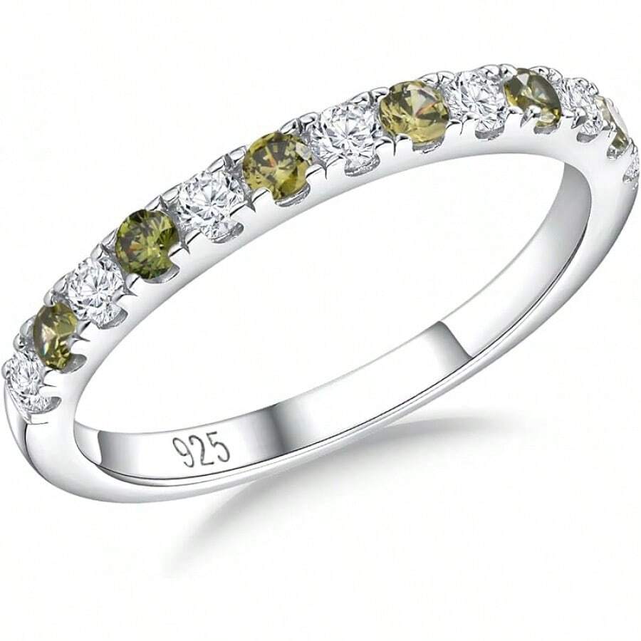 Birthstone Rings Eternity Band 925 Sterling Silver/Yellow Gold Created Gemstone Stackable Wedding Band Half Eternity Rings For Women Size 6 To 102025 - 08. 八月 / 創作橄欖石 - 查看 1