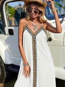 Plus Size Long Viscose Dress With Stripe Details And A V-Neck With Spaghetti Straps. - White - View 5