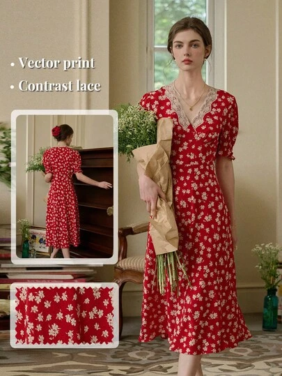 Simple Retro Women's Bohemian Vintage Red Floral Mid-Length Dress, V-Neck, Short Puff Sleeves, Elegant Lace Trim, A-Line Flared Hem, Summer Dress
