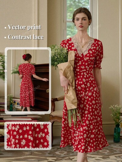 Simple Retro Women's Floral Print V-Neck Puff Sleeve Midi Dress Summer Dresses For Women French Style Elegant Sexy Romantic Date Suspender Skirt