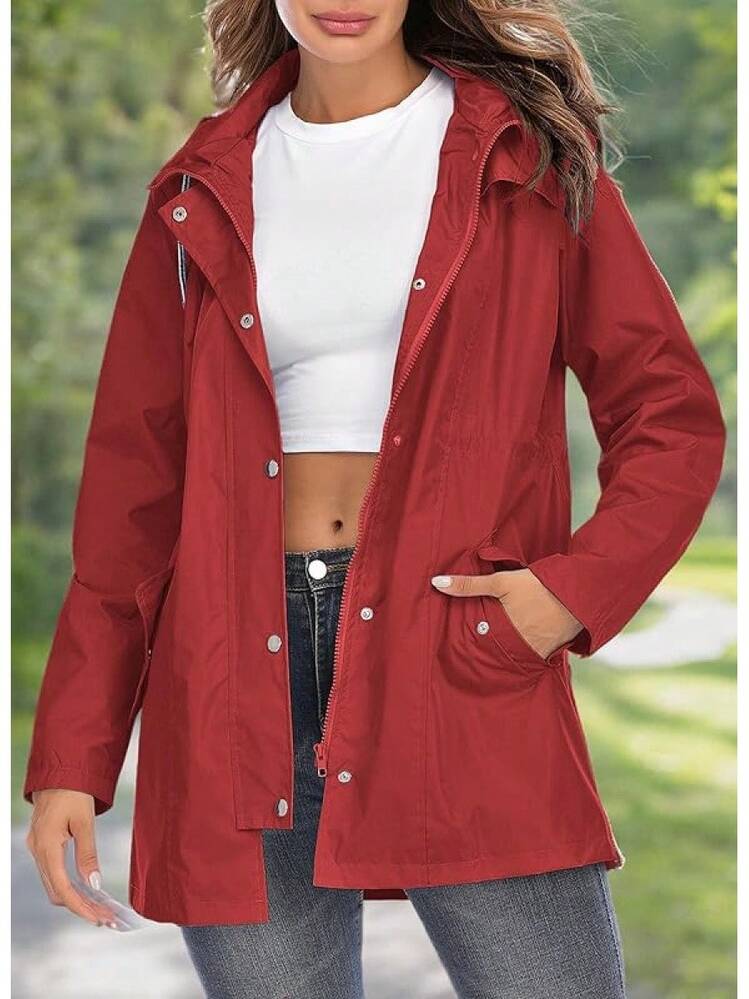 Kikibell Rain Jacket Women Striped Lined Hooded Lightweight Raincoat Outdoor Waterproof Windbreaker - 酒紅色 - 查看 7