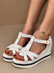 女童坡跟凉鞋，新款夏季编织带扣坡跟凉鞋，绒面圆头低跟凉鞋 - 白色 - 查看 2