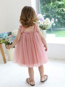 Baby Girls Floral Strap Tulle Party Princess Dress, Elegant Sleeveless Dress Suitable For Baby's 1st Birthday, Wedding, Party, Holiday Celebration