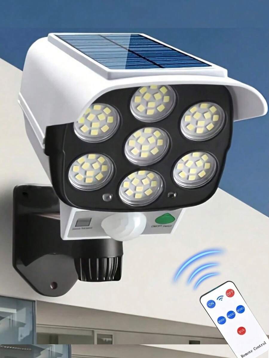 2pcs Outdoor Solar Infrared Motion Sensor Security Lights With Remote Control, Solar Wall Lights, Yard Night Lights LED Street Lights, 6000 Lumens 77 LED Floodlights, Wireless Virtual Camera Style, Suitable For Hotel, Porch, Garden, Patio, Driveway Lighting