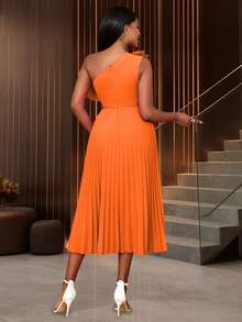 AOMEI Women's Elegant Solid Color One Shoulder Ruffled Pleated Dress - Orange - View 3